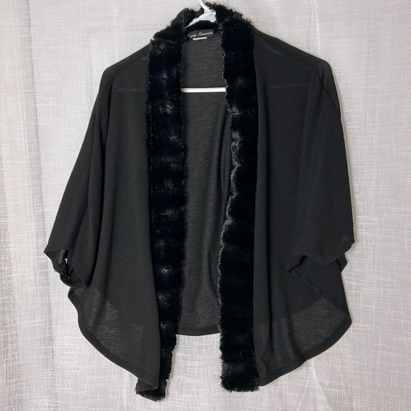 vtg Simply Irresistible,cardigan,women faux fur trim,black,sheer,batwing, L -XL - Picture 1 of 14
